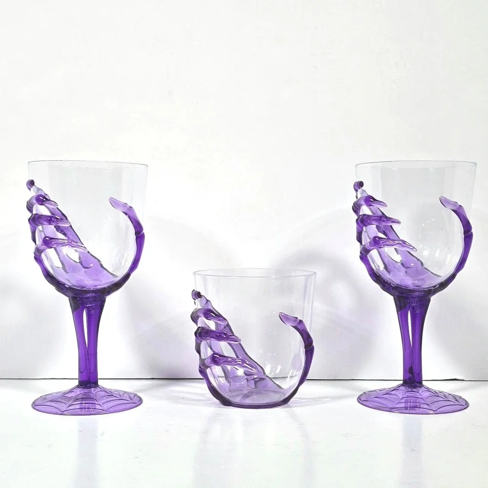 Set of 3 Halloween Skeleton Hand Goblet Purple Acrylic Wine Glass Party Drinking